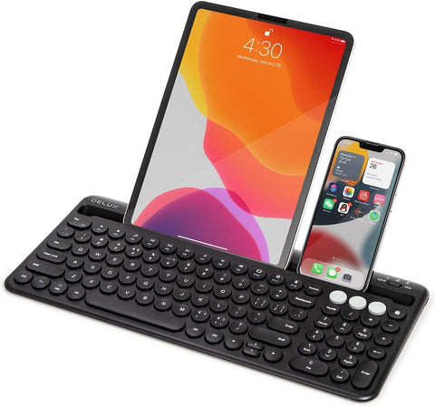 DeLUX Wireless Keyboard with Integrated Stand Cradle, BT5.0, Rechargeable, Scissor Switches - Compatible with Mac/Windows/Android. 100 Keys, for Laptop and Tablet. (K2212V-Black)