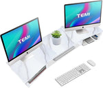 TEMI Dual Monitor Stand Riser with Adjustable Length and Angle, White Slate Texture Computer Monitor Stand, 3 Shelf Desktop Storage Organizer Riser for Laptop/Computer/TV/PC/Printer