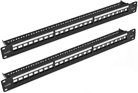 NavePoint 24-Port CAT6 UTP Patch Panel 1U with Keystones, RJ45 Ethernet, Black, 2-Pack