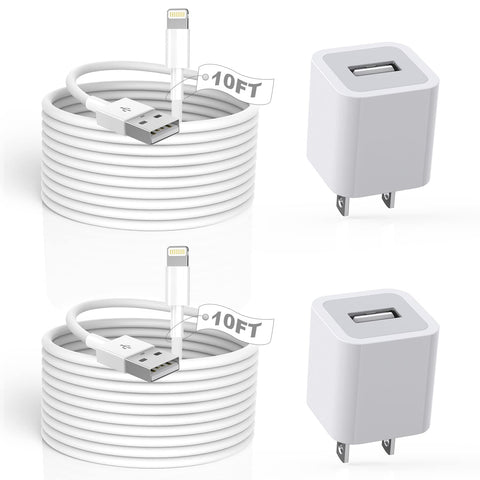 iPhone Charger, 2Pack 10FT Extra Long?Apple MFi Certified? iPhone Charging Lightning Cable Fast Transfer Cord with USB Wall Apple Chargers Travel Plug Adapter for iPhone 13/12/11/SE 2020/X/XR/8/7