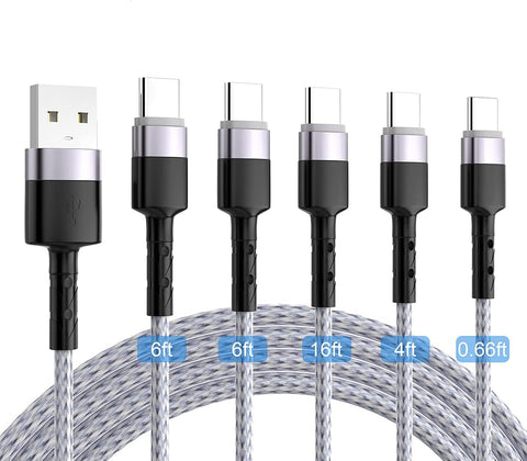 MTAKYI USB Type C Cable 5Pack (0.66FT×1, 4FT×1, 6FT×2, 16FT×1) Nylon Braided USB A to USB C Charger Cable Charging Cord Compatible with Samsung Galaxy S10+/S9/S9+/S8/S8+, HUAWEI and Other USB-C Device