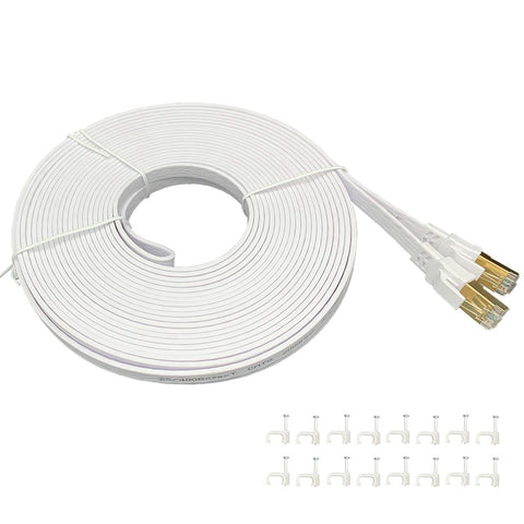 JFINE Cat8 Ethernet Cable 50 Ft, 40Gbps 2000Mhz Gold Plated RJ45 S/FTP Network Cable, Weatherproof UV Resistant Indoor&Outdoor LAN Cable for Gaming, Router, Modem, IP Cam, PC, Laptop - Flat White