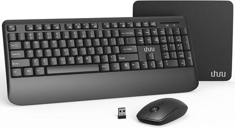 Wireless Keyboard and Mouse Combo, UHURU 2.4GHz Ergonomic Computer Keyboard with Wrist Rest, 3 Level Adjustable DPI Mouse with Mouse Pad for PC, Laptop, Windows XP/7/8/10(Black)