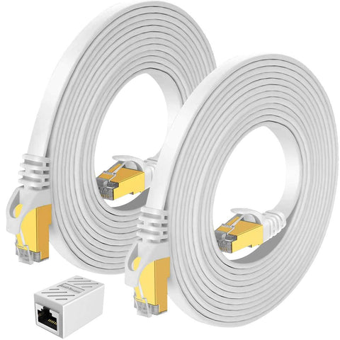 Cat7 Ethernet Cable Flat Network Cable with Rj45 Connectors, High Speed Network LAN Cable with one RJ45 Coupler, for Computer,Router, Modem, PS4, Xbox one, Switch Boxes (10 Feet (2 Pack))