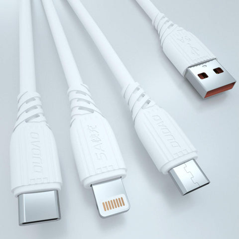 Dudao 5A 3-in-1 Tough Cable with Fast Charging Multi Pin Charge Option at Same Time for Micro USB, iOS and Type-C Device (White 1 Meter)