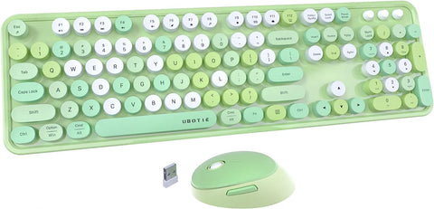 UBOTIE Colorful Computer Wireless Keyboards Mouse Combos, Typewriter Flexible Keys Office Full-Sized Keyboard, 2.4GHz Dropout-Free Connection and Optical Mouse (Green-Colorful)