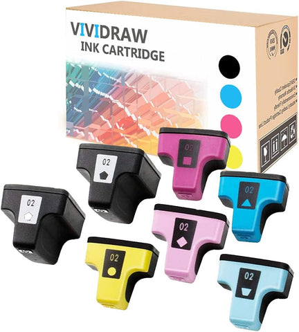 VIVIDRAW 7 Pack HP 02 Compatible Ink cartridges Replacement for HP Photosmart C5180 C7280 C6280 C6180 D7360 D7460 8250 C7200 Printer