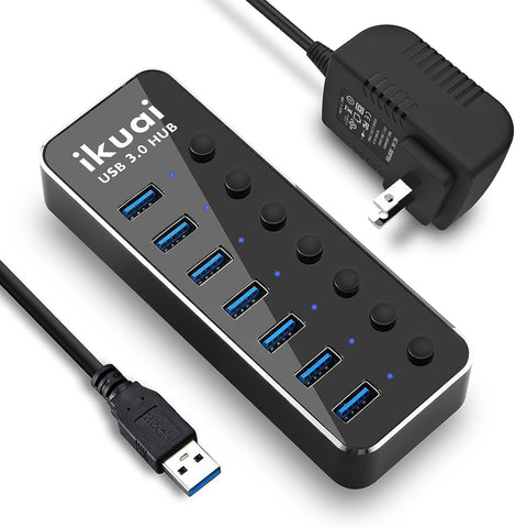 Powered USB 3.0 Hub, ikuai 7-Port Multiple USB Port Splitter, USB 3 Powered Hub with Individual LED On/Off Switches and Power Supply, Multiple USB Hub 3.0 Powered for Mac, PC (RSW-518)