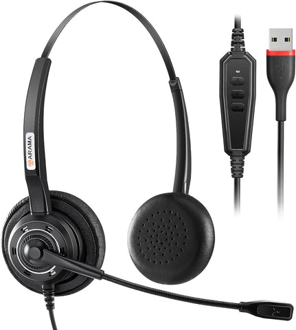 Arama USB Headset with Microphone Noise-Cancelling, Comfort Fit Computer Headset with Microphone for PC Laptop Mac Skype Zoom UC Webinar Business Call Center Home Office