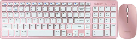 Wireless Keyboard Mouse Combo, Haricset Rechargeable Full-Size Silent Slim Dual-Mode(BT3.0+BT5.0+2.4G) Multi-Device Bluetooth Keyboard Set, 3 Level DPI Mouse,for Windows/Android/Mac OS/iOS (Rose Gold)