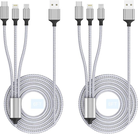 MTAKYI 3 in 1 Multi Charger Cable 1.8M/6FT 2 Pack, Nylon Braided USB Multi Charging Cable Universal Phone Charger Cord Adapter with Lightning/Type C/Micro USB Connector, for Phones Tablets and More