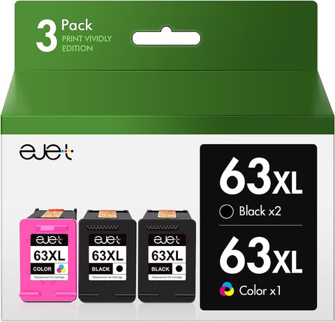 ejet 63XL Ink Cartridges Black and Color Replacement for HP Ink 63 63XL 63 Ink Cartridges for HP Printers OfficeJet 3830 4650 5255 Envy 4520 4512 Deskjet 1112 3634 5200, 2 Black, 1 Tri-Color. 3 Pack