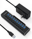 Powered USB Hub, Rosonway Aluminum 10 Port USB 3.0 Data Hub with 36W (12V/3A) Power Adapter and Individual On/Off Switches USB Splitter(RSH-A10)