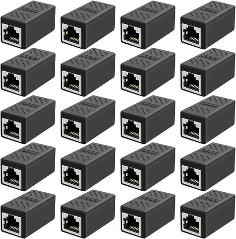 WHIRLGEE Ethernet Coupler RJ45 Coupler 8p8c Connector Ethernet Cable Extender Adapter for Cat7 Cat6 Cat5e Cat5 LAN Connector in Line Coupler Female to Female (20PCS, Black)