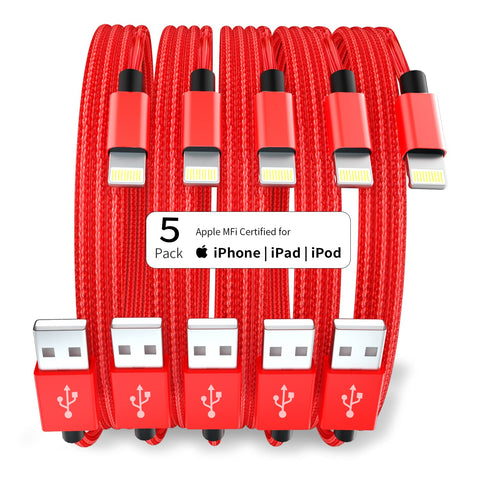 5Pack iPhone Charger [Apple MFi Certified], 3/3/6/6/10 FT Lightning Cable Fast Charging iPhone Charger Cord Compatible with iPhone14/13/12/11/Pro Max/XR/XS/X/8/7/6, iPad and More-Red