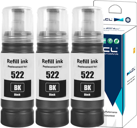 LCL Compatible Refill Ink Bottle Replacement for 522 T522 T522120 ET-2720 Workforce ET-4700 (3-Pack, Black)