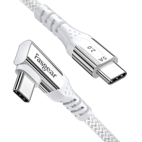 Fasgear USB C to USB C Cable 10ft Right Angle 90 Degree 100W 5A PD Fast Charge Type C Cable Compatible with Mac-Book Pro Air i-Pad Pro 2020 Galaxy S21 Huawei P40 Lenovo ThinkPad Dell XPS HP (White)