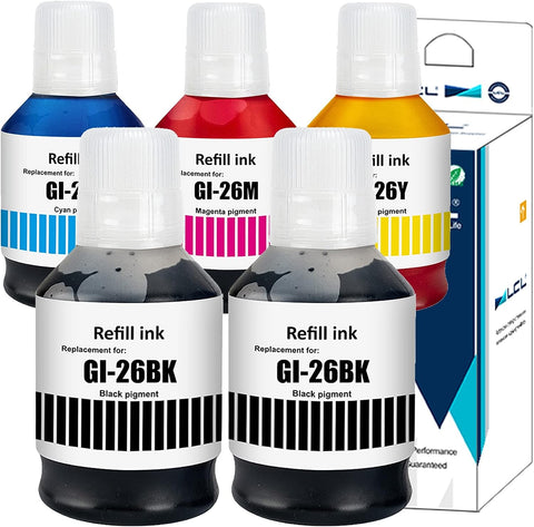 LCL Compatible Ink Bottle Pigment Replacement for Canon GI26 GI-26 BK GI-26BK GI-26C GI-26M GI-26Y MAXIFY GX6020 GX6021 GX7020 GX7021 (2Black Cyan Magenta Yellow 5-Pack)