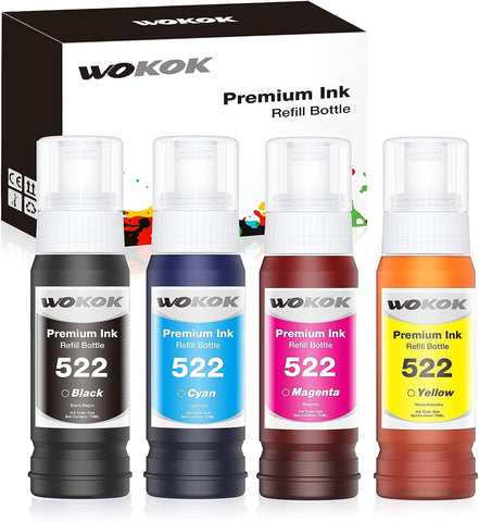 WOKOK Compatible Refill Ink Bottles for EcoTank 522 T522 T522520-S for use with EcoTank ET-2720 ET-2800 ET-2803 ET-4700 Printers (Black, Cyan, Magenta, Yellow) Not Sublimation Ink