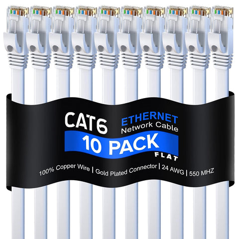 Cat 6 Ethernet Cable 12 ft - with a Flat, Space-Saving Design High-Speed Internet & Network LAN Patch Cable, RJ45 Connectors - [12ft / White / 10 Pack] - Perfect for Gaming, Streaming, and More!