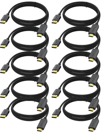 10 Ft DisplayPort to HDMI Cable 10-Pack, (Display Port) DP to HDMI Cable Male to Male Cord FHD Nylon Braided Supports Video and Audio Conveter for PCs to HDTV, Monitor, Projector