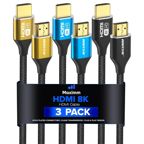 Maximm 8k Hdmi Cable 10ft,HDMI 2.1 Cable, Hdmi Cord Long Hdmi Cable 10 ft, Ultra High Speed Hdmi Cable, 8k @60 HZ (10 Ft, 3 Pack)