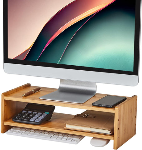 HUVIBE Monitor Stand Riser, 2 Tiers Computer Monitor Stand with Storage Organizer, Desktop Stand for Laptop Computer,Desk Stand with Adjustable Height -Bamboo Burlywood