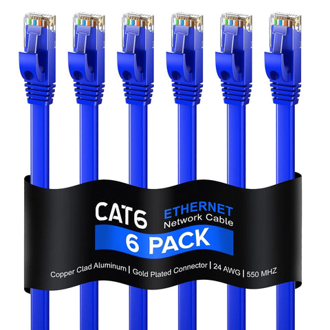 Cat 6 Ethernet Cable 1 ft - with a Flat, Space-Saving Design High-Speed Internet & Network LAN Patch Cable, RJ45 Connectors - [1ft / Blue / 6 Pack] - Perfect for Gaming, Streaming, and More!