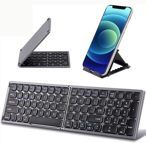 Samsers Foldable Bluetooth Keyboard with Numeric Keypad Full Size Portable Wireless Keyboard with Holder, Rechargeable Pocket Folding Keyboard for iOS Windows Android Phone Tablet Laptop - Dark Grey