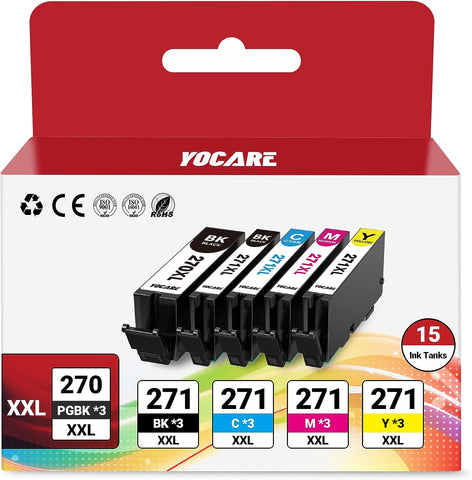 Yocare 15 Pack PGI-270XL CLI-271XL High-Yield Replacement for Canon PGI-270 XL CLI-271 XL Combo Pack to use with MG6821 TS5020 TS9020 (3 PGBK, 3 Black, 3 Cyan, 3 Magenta, 3 Yellow)