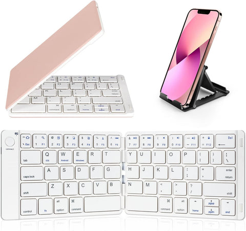 Samsers Foldable Bluetooth Keyboard - Portable Wireless Keyboard with Stand Holder, Rechargeable Full Size Ultra Slim Folding Keyboard for iOS Android Windows Smartphone Tablet and Laptop, White-Pink