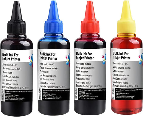 Universal Dye Ink Refill Kit for HP Canon Epn Brother Lexmark Printers Compatible Cartridges Refillable Cartridge CISS CIS System 4 Color Set with 4 Free Syringes (BK, C, M, Y)