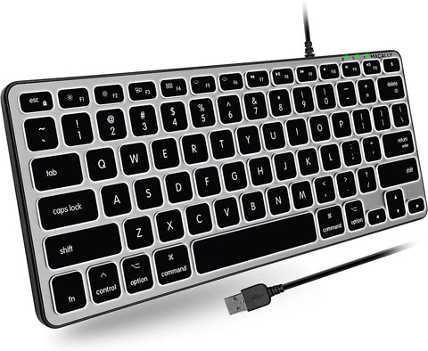 Macally Backlit Mac Keyboard Wired - The Perfect Size and Lighted - Slim and Compact Apple Keyboard with 3 Level Brightness LED Keys - Small Wired Keyboard for Mac, MacBook Pro/Air, iMac (Space Gray)