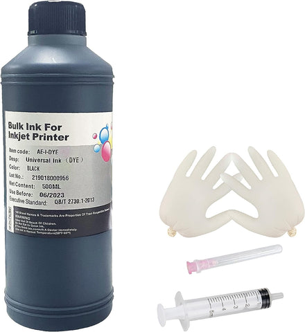 AYMSous Black Ink Universial Refill Ink Kit Dye Ink 500ml Work for Canon HP Epsn Brother Injet Printers Refillable Cartridge CISS CIS System (16.9 oz) with Syringe & Glove