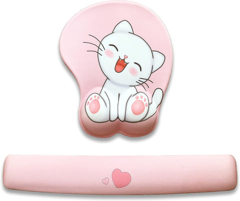 Cute Pink Keyboard and Mouse Wrist Rest Support Set, Anime Kawaii Desk Accessories, 3D with Ergonomic Gel Mouse pad and Keyboard pad, Easy Typing, Gaming(cat-Pink) 10.23*8.46inch