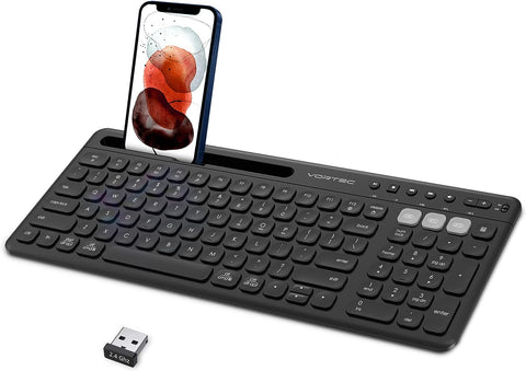 Vortec Wireless Multi Device Bluetooth Keyboard for iPhone, iPad, Samsung, Android Phone, Tablet Slim Keyboard for Mac, iMac – Universal Smartphone Cellphone Keyboard with Phone Holder for PC