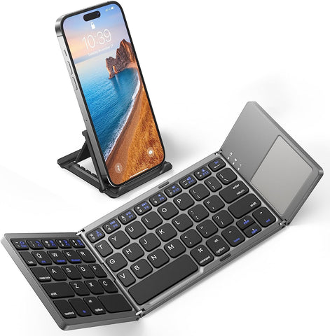 Foldable Bluetooth Keyboard with Touchpad - Samsers Portable Wireless Keyboard with Stand Holder, Rechargeable Full Size Ultra Slim Pocket Folding Keyboard for Android Windows IOS Tablet & Laptop-Gray