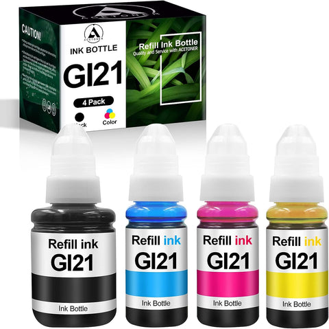 ACETONER Compatible Refill Ink Bottle Replacements for Canon GI-21, Compatible with G3260 G1220 G2260 Supertank Printers (4-Pack, 1B 1C 1M 1Y)