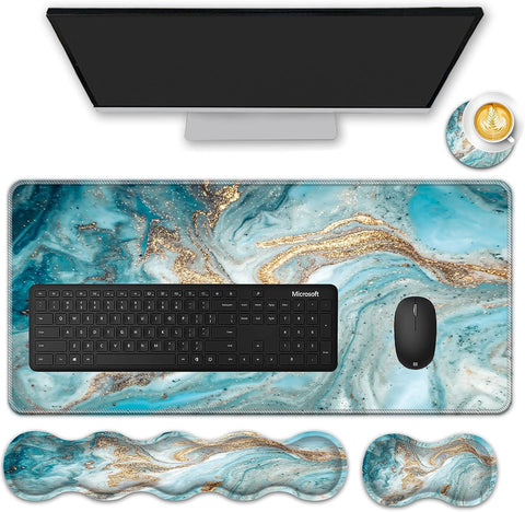 FGDRFGRW Mouse Pad Set,(31.5×11.8 in) Desk Pad + Keyboard Wrist Rest Support + Mouse Wrist Rest + Coaster for Office,Home,Computer,Laptop - 4 Bluish Green Marble