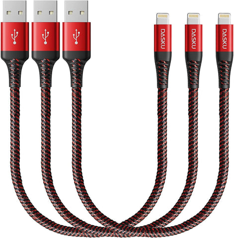 Dasku Short iPhone Charger 1FT 3Pack 12 inch Lightning Cable Heavy Duty USB Fast Nylon Braided Charger Cord Compatible with iPhone 14/13/12/11/XS/XR/X/8/7/6/6s Puls/iPad/iPods(Red)