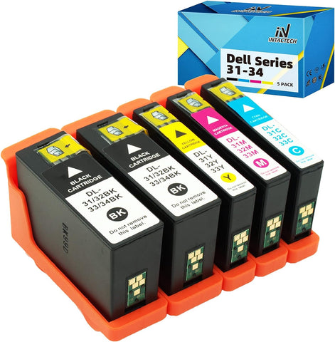 Intactech Compatible Dell Series 31 32 33 34 Ink Cartridges Work for Dell V525w V725w Printer (5 Pack, 2 Black, 1 Cyan, 1 Magenta, 1 Yellow)