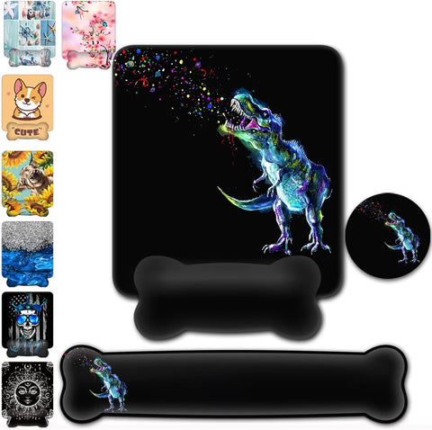 Keyboard Wrist Rest Pad & Mouse Wrist Rest Support Pads Set for Computers & Laptop, Ergonomic Gel Wrist Rest Funny Anime Dinosaure Black Gaming Mousepad, Non-Slip Rubber Base Desk mat Mouse pad