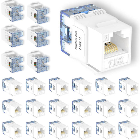 VCELINK Cat6 RJ45 Keystone Jacks Slim Profile 25-Pack, 180-Degree Ethernet Wall Jack Cat5e Cat5 Modular Jack Insert UTP PoE for Wall Plate, Patch Panel (White)