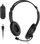 Maxshop USB Computer Headset with Microphone, Comfort-fit Office Computer Headphone with On-Line Volume Control, Over-The-Head Headset for Webinar Laptop Call Center Students Online Study (USB Jack)