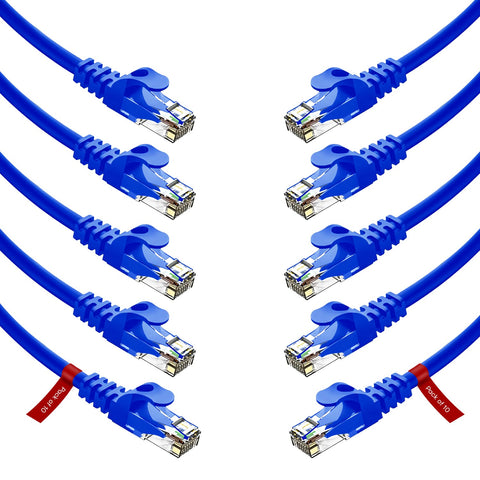 Cat6 Patch Cables - 10-Pack Snagless Short Cat 6 Ethernet Cable 1 ft - 24AWG - UTP - Copper Wire - (Cat 6 Cable, Cat6 Cable, Internet Cable, Network Cable) in Blue