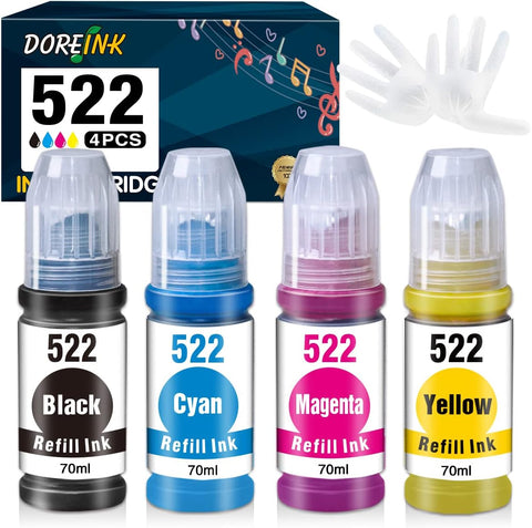 DOREINK Compatible 522 T522 EcoTank Refill Ink Bottle Replacement for EcoTank ET-2720 ET-2800 ET-4700 ET-2803 ET-4800 ET-2710 ET-1100 Printer (4 Pack, Black, Cyan, Magenta, Yellow) Dye Ink