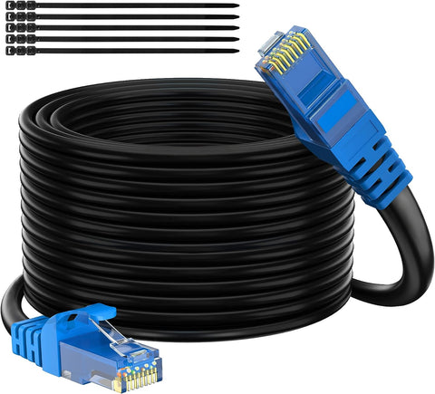 Cat 6 Outdoor Ethernet Cable 300 ft, Adoreen Gbps Heavy Duty Internet Cable (from 25-300 feet) Support POE Cat6 Cat 5e Cat 5 Network Cable RJ45 Patch Cord, UV Waterproof Direct Burial & Indoor+15 Ties