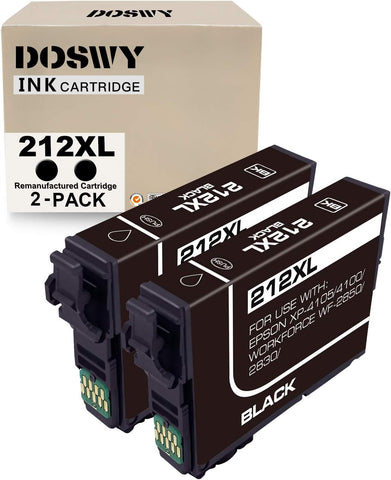 Doswy 2 Pack 212XL Remanufacture Ink Cartridge Replacement for Epson 212XL 212 T212XL High Yeild for Workforce WF-2830 WF-2850 Expression Home XP-4100 XP-4105 Printer (2 Black)