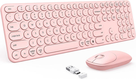 Pink Wireless Keyboard and Mouse with USB and Type C Receiver, PEIOUS Cute Wireless Keyboard Mouse Combo, Round Key USB C Rose Gold Keyboard Compatible with MacBook, Windows 7/8/10, Laptop (Pink)