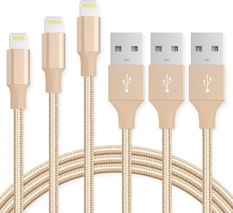 Novtech iPhone Charger Cord 3/6/10 FT 3 Pack, [MFi Certified] Braided USB to Lightning Cable, iPhone Charging Cable for 14 Plus 13 12 11 Pro Max XR Xs X 8 7 6 6s 5 5s SE iPad Air Pro Mini, Gold